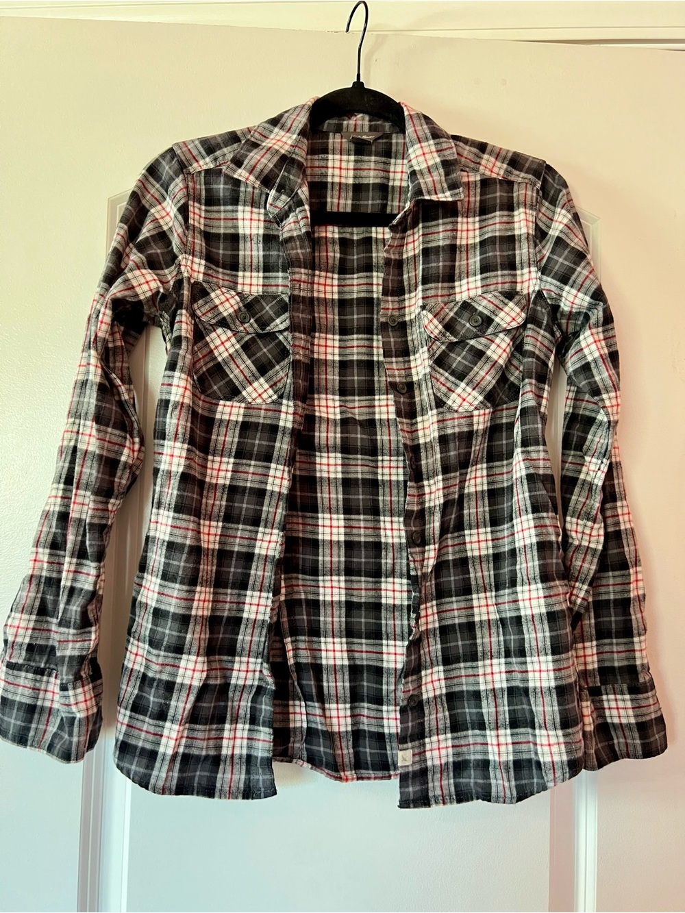 Eddie Bauer Black, White & Red Plaid Utility Jacket Shirt